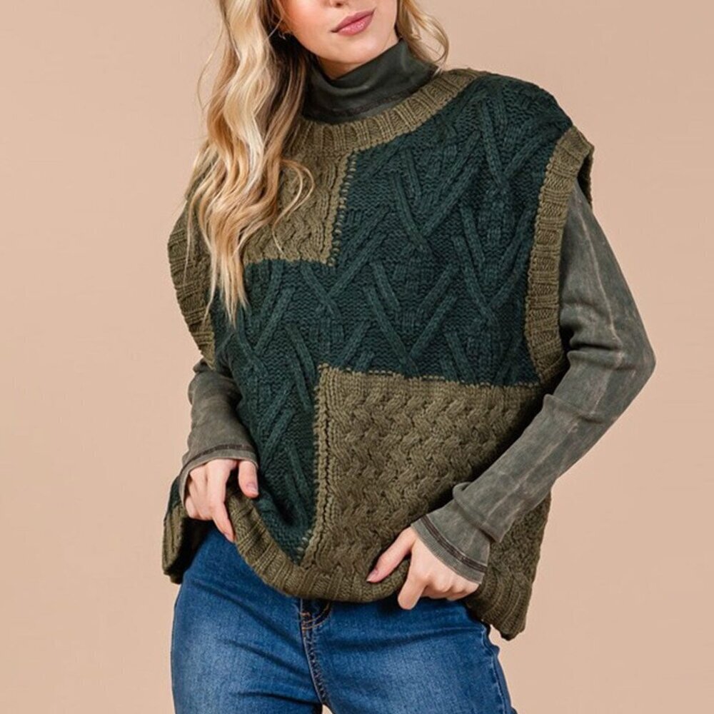Ces Femme Olive Green Color Block Cable-Knit Sweater Vest NIP